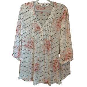 Rose + Olive Womens Size 1X Georgette Blouse Polka Dot Floral Cream Black Pink